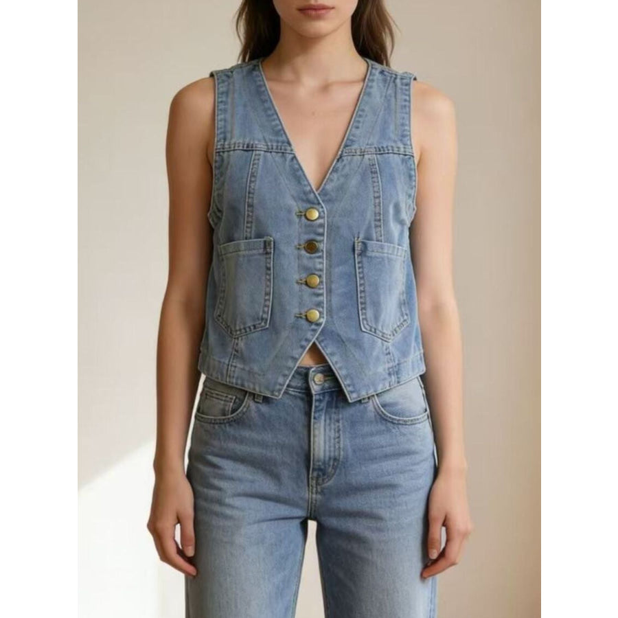 Plus Size Button-Down Denim Vest Apparel and Accessories