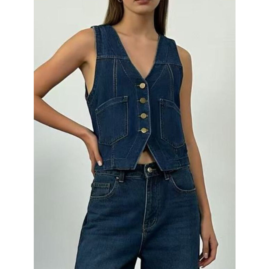Plus Size Button-Down Denim Vest Apparel and Accessories