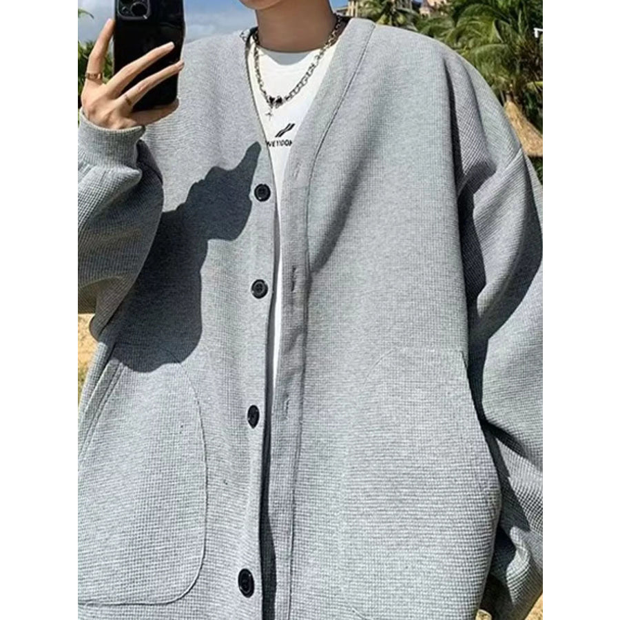 Plus Size Button-Down Oversized Minimalist V-Neck Cardigan Apparel and Accessories