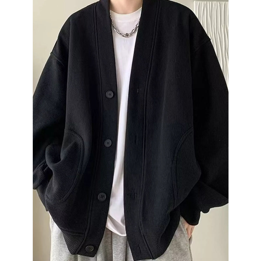 Plus Size Button-Down Oversized Minimalist V-Neck Cardigan Black / M Apparel and Accessories