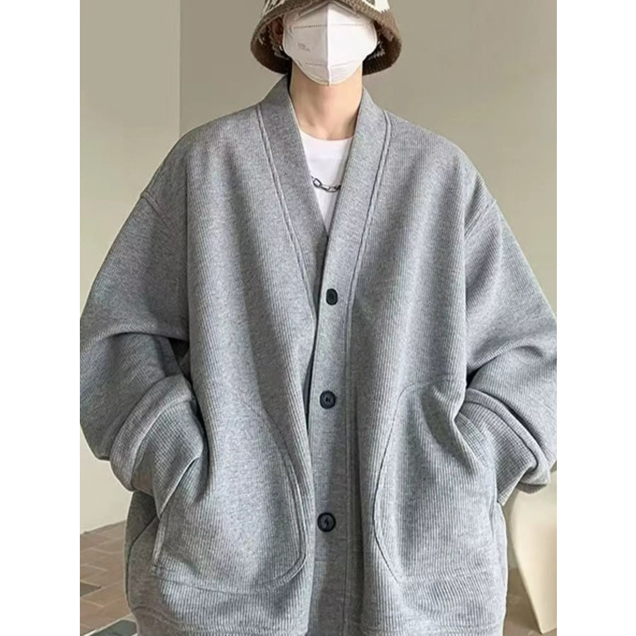 Plus Size Button-Down Oversized Minimalist V-Neck Cardigan Light Gray / M Apparel and Accessories