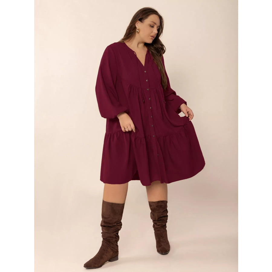 Plus Size Button Front Balloon Sleeve Dress Apparel and Accessories