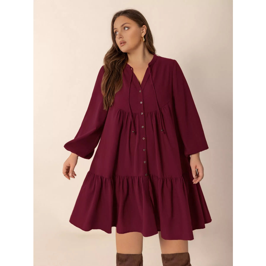 Plus Size Button Front Balloon Sleeve Dress Apparel and Accessories
