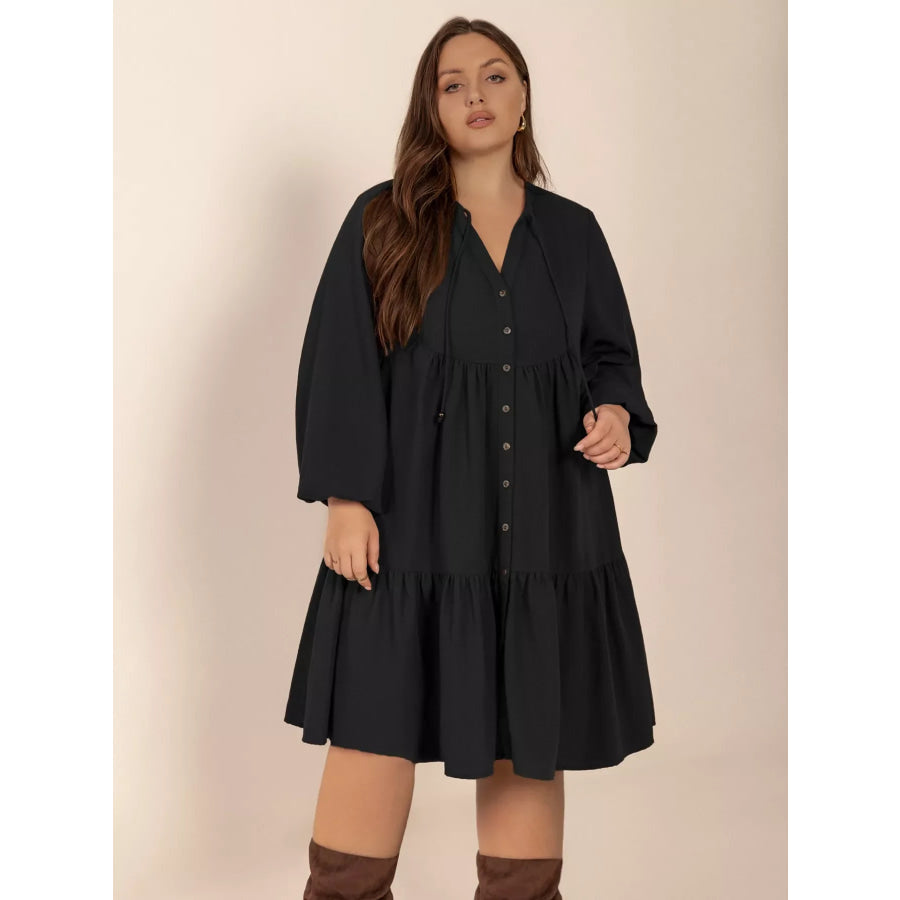 Plus Size Button Front Balloon Sleeve Dress Apparel and Accessories