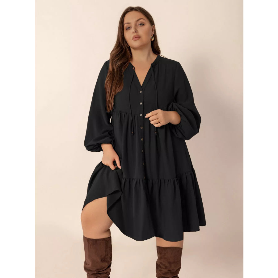 Plus Size Button Front Balloon Sleeve Dress Apparel and Accessories