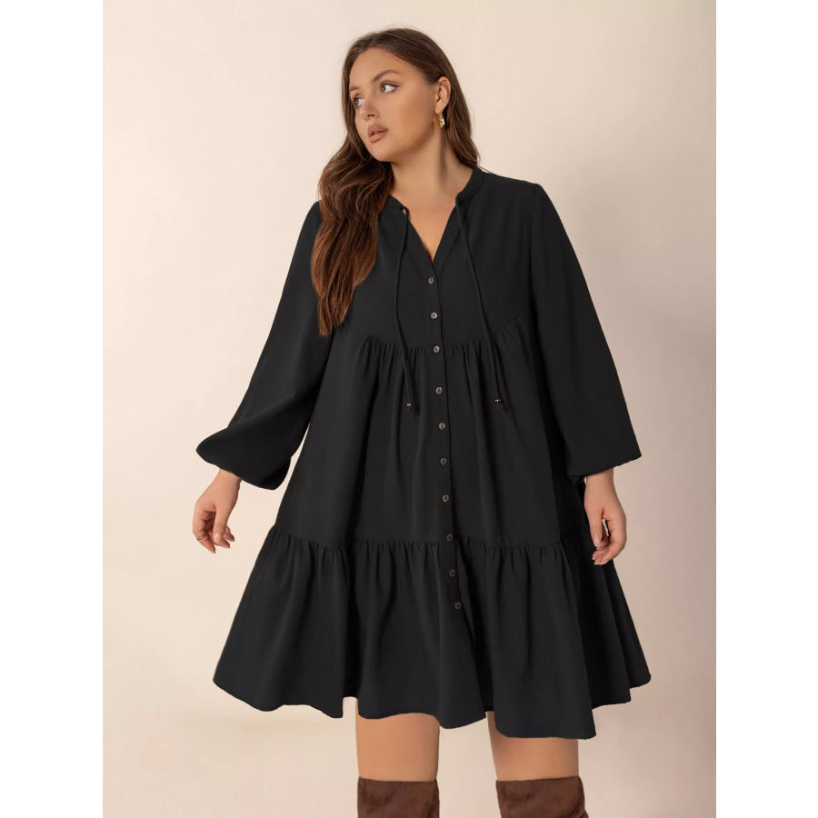 Plus Size Button Front Balloon Sleeve Dress Apparel and Accessories