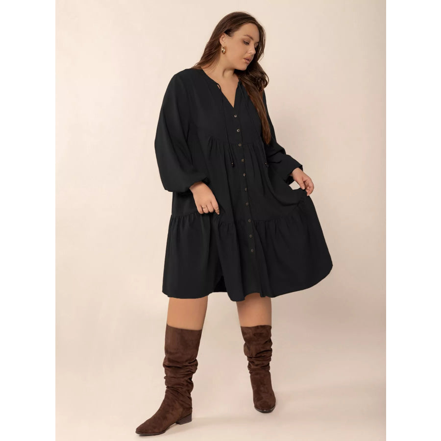 Plus Size Button Front Balloon Sleeve Dress Apparel and Accessories