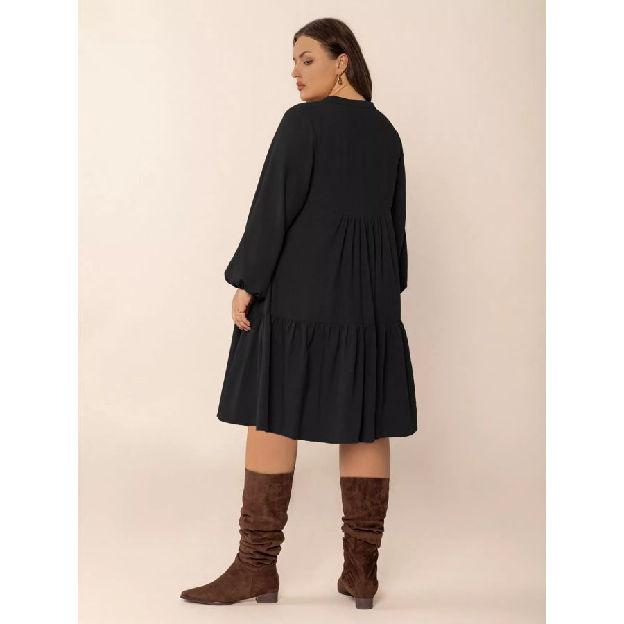 Plus Size Button Front Balloon Sleeve Dress Apparel and Accessories