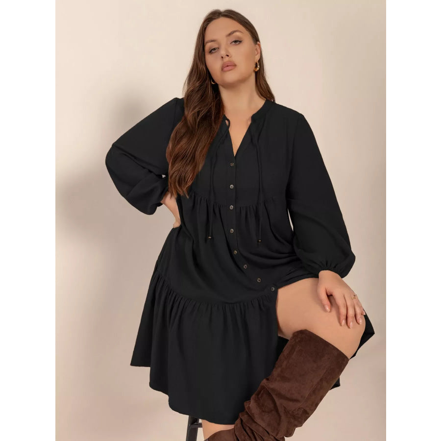 Plus Size Button Front Balloon Sleeve Dress Apparel and Accessories