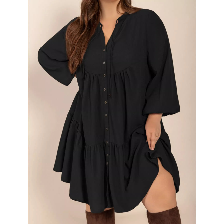 Plus Size Button Front Balloon Sleeve Dress Black / 0XL Apparel and Accessories