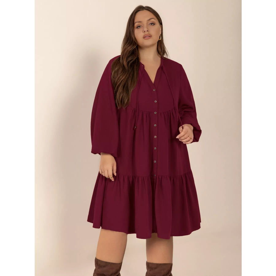 Plus Size Button Front Balloon Sleeve Dress Burgundy / 0XL Apparel and Accessories