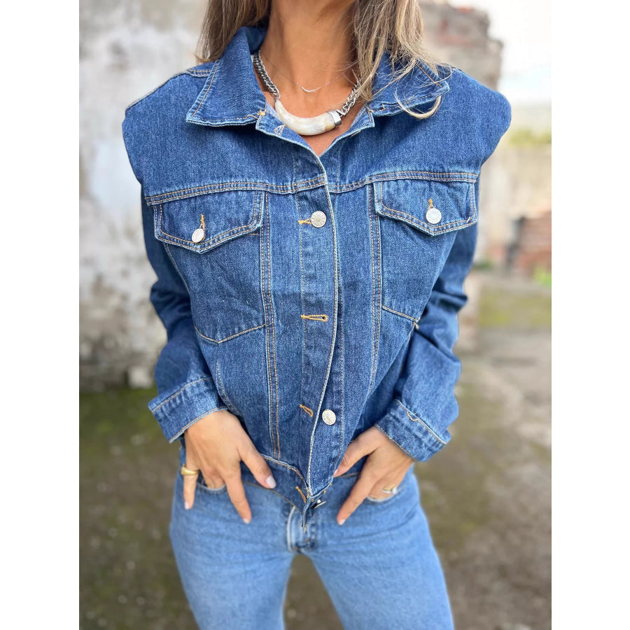 Plus Size Button Up Chest Pockets Denim Jacket Denim Blue / M Apparel and Accessories