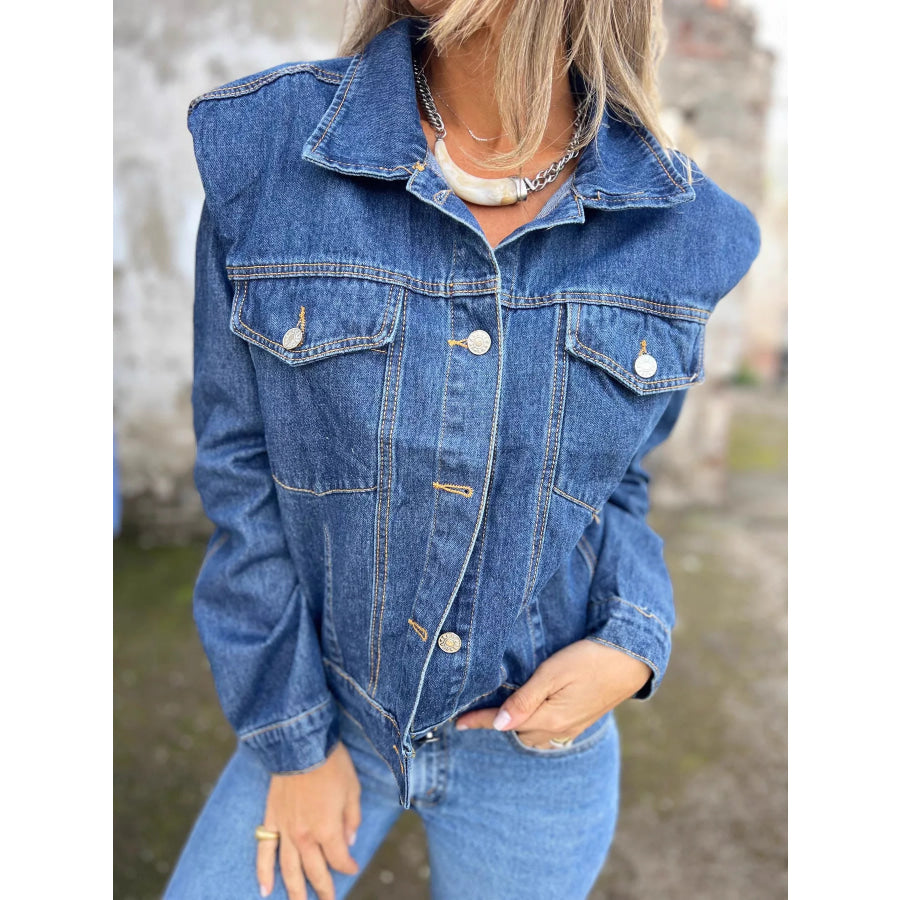 Plus Size Button Up Chest Pockets Denim Jacket Denim Blue / M Apparel and Accessories