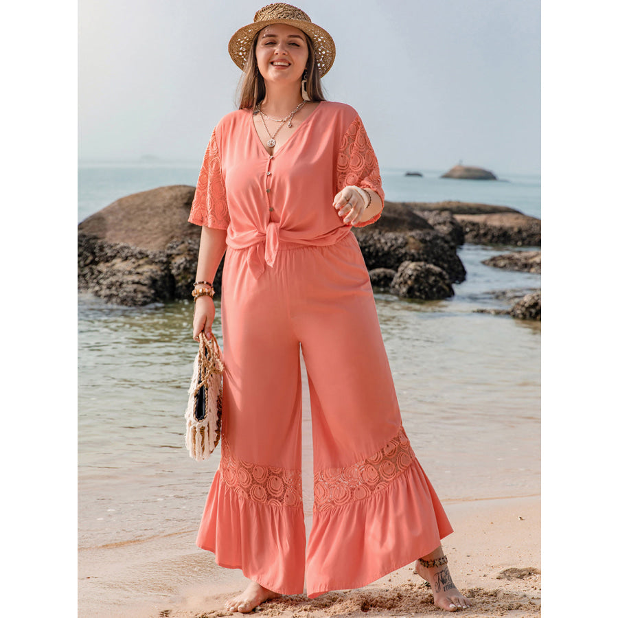 Plus Size Button Up Half Sleeve Top and Pants Set Coral / 0XL Jumpsuits and Rompers