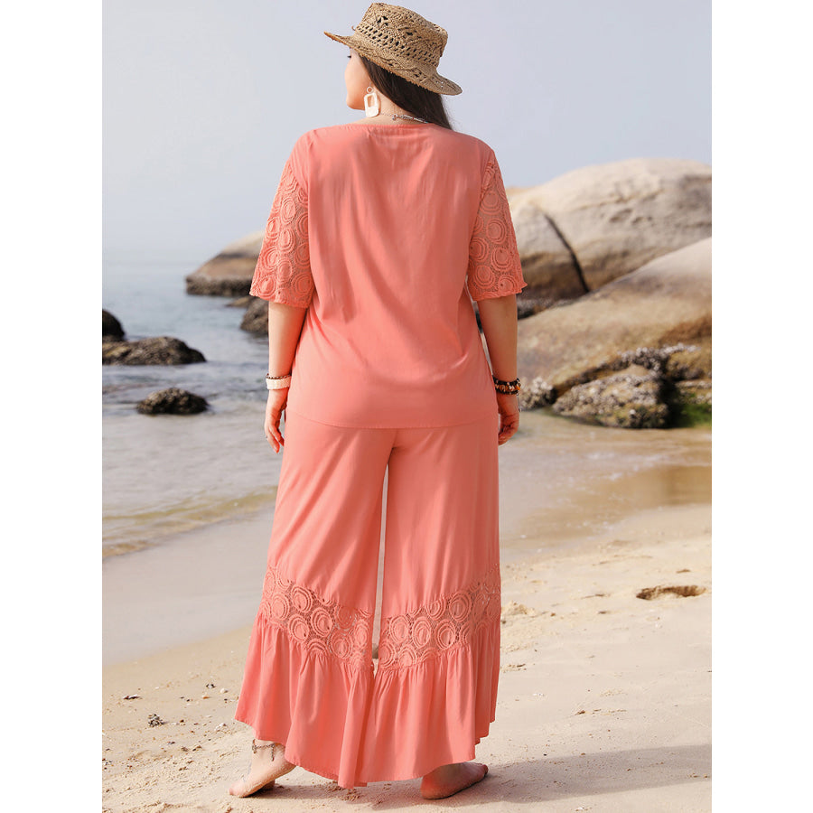 Plus Size Button Up Half Sleeve Top and Pants Set Coral / 0XL Jumpsuits and Rompers