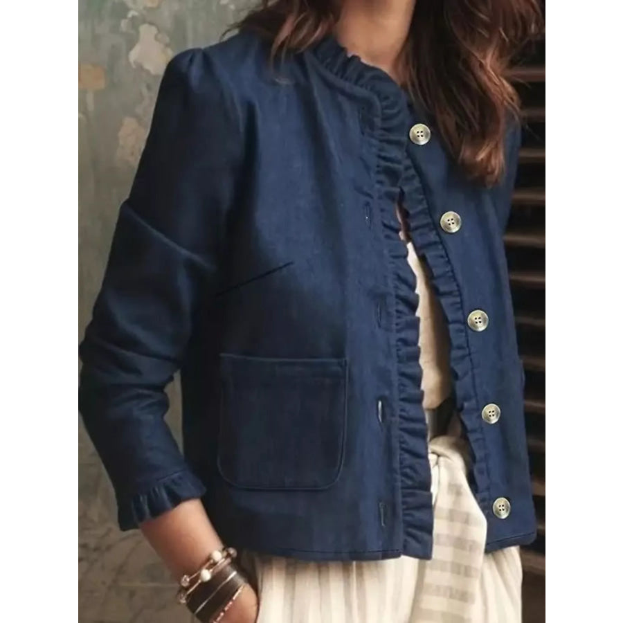 Plus Size Button Up Long Sleeve Denim Jacket Apparel and Accessories
