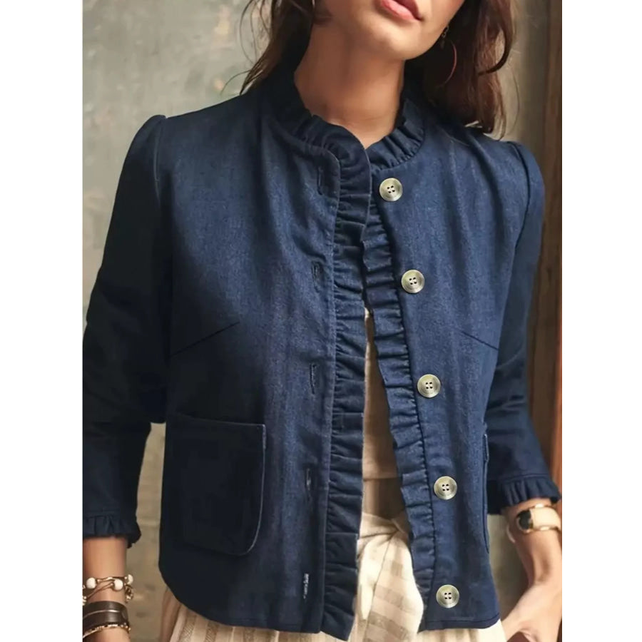 Plus Size Button Up Long Sleeve Denim Jacket Apparel and Accessories