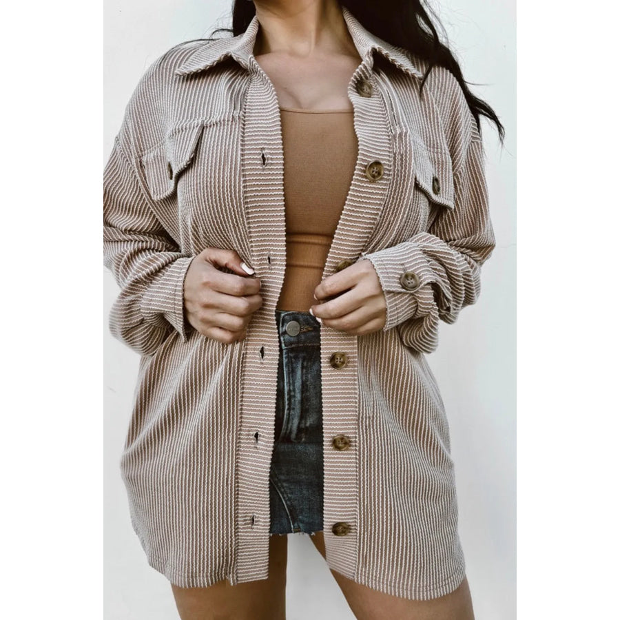 Plus Size Button Up Long Sleeve Jacket Mocha / 1XL Apparel and Accessories