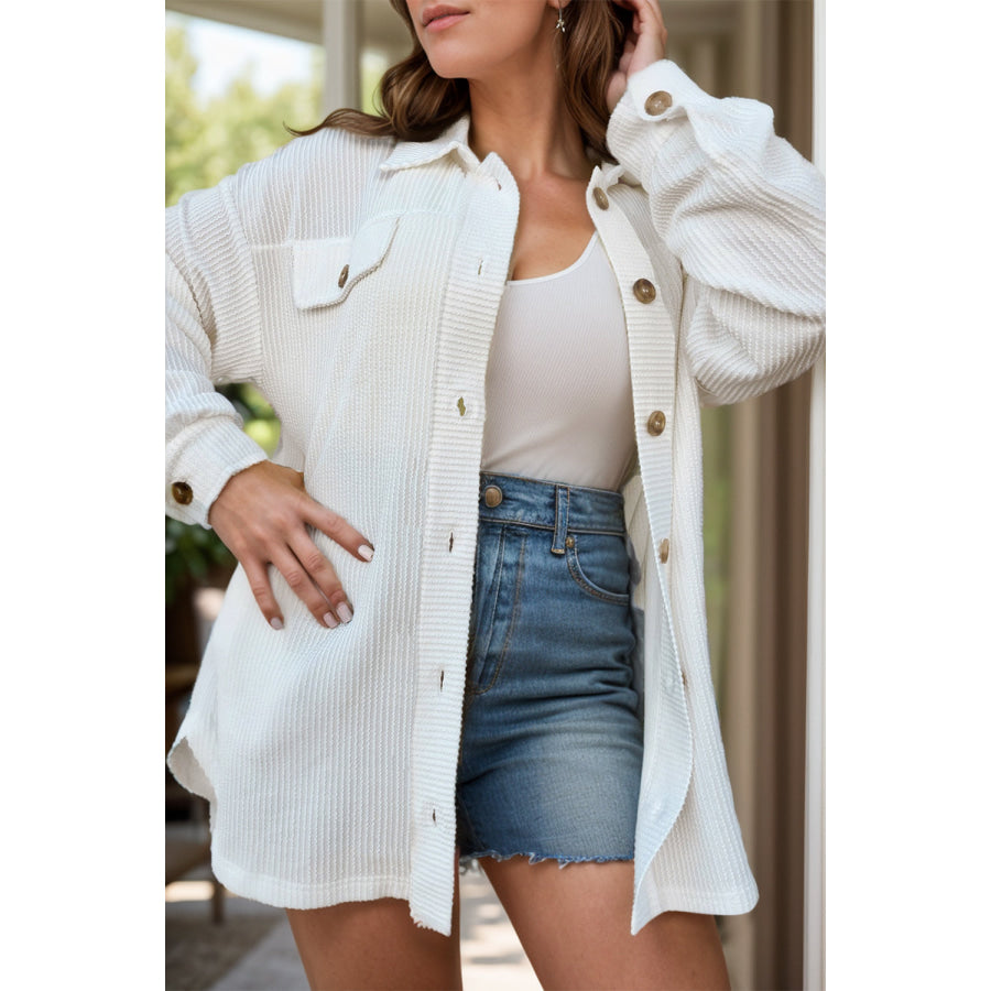 Plus Size Button Up Long Sleeve Jacket White / 1XL Apparel and Accessories