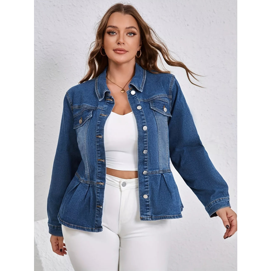 Plus Size Button-Up Peplum Denim Jacket Apparel and Accessories