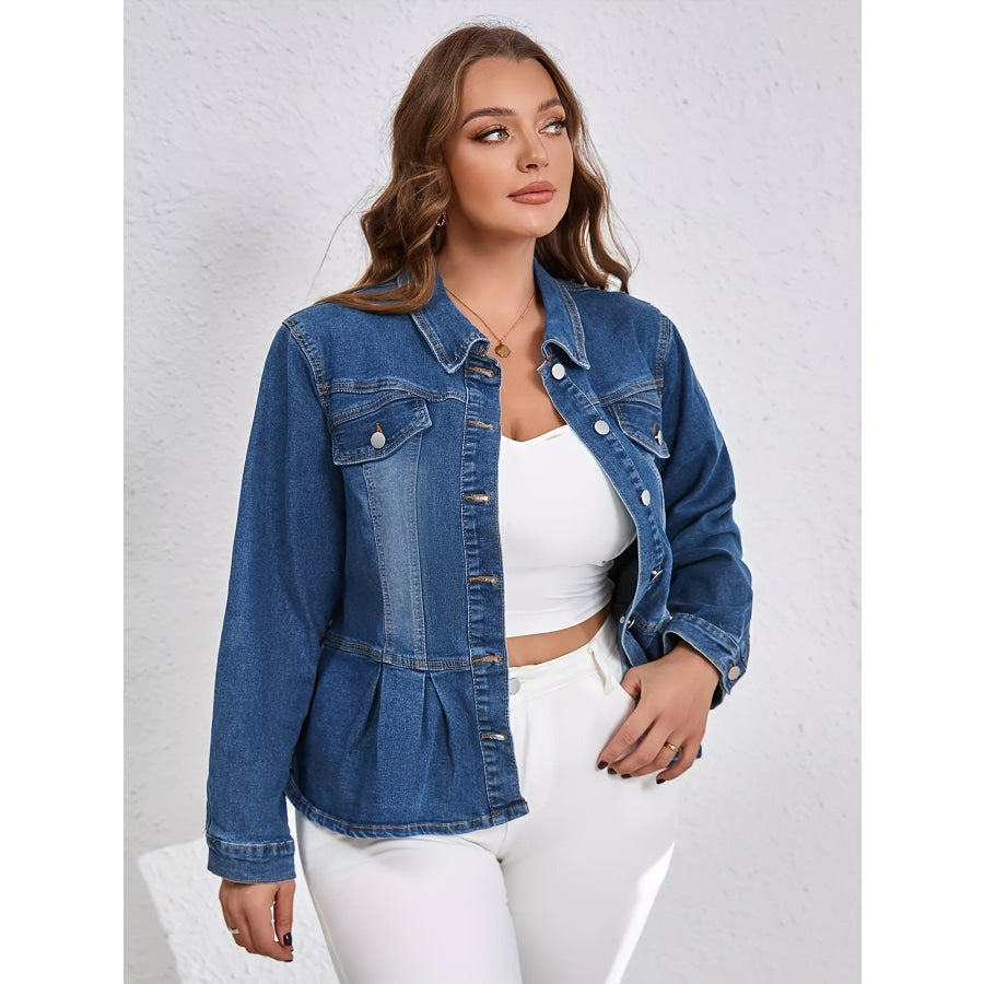 Plus Size Button-Up Peplum Denim Jacket Blue / 0XL Apparel and Accessories