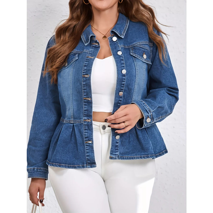 Plus Size Button-Up Peplum Denim Jacket Apparel and Accessories