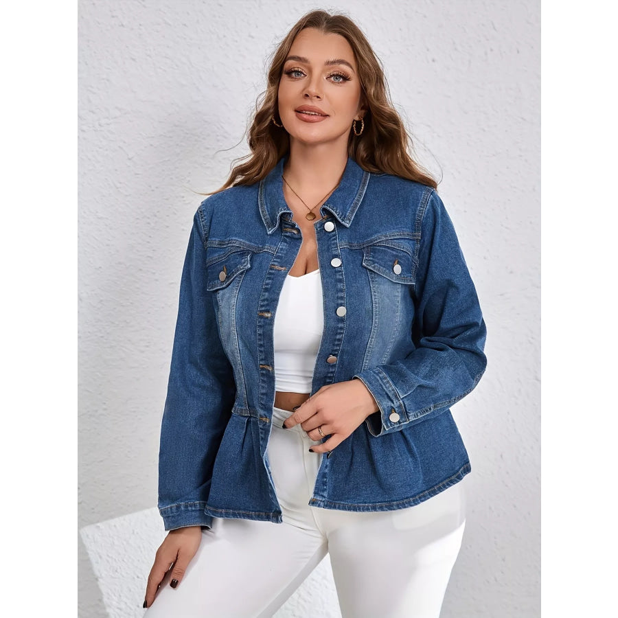 Plus Size Button-Up Peplum Denim Jacket Blue / 0XL Apparel and Accessories