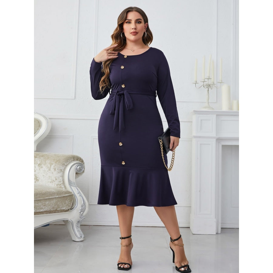 Plus Size Buttoned Round Neck Tie Belt Midi Dress Blueberry / 1XL