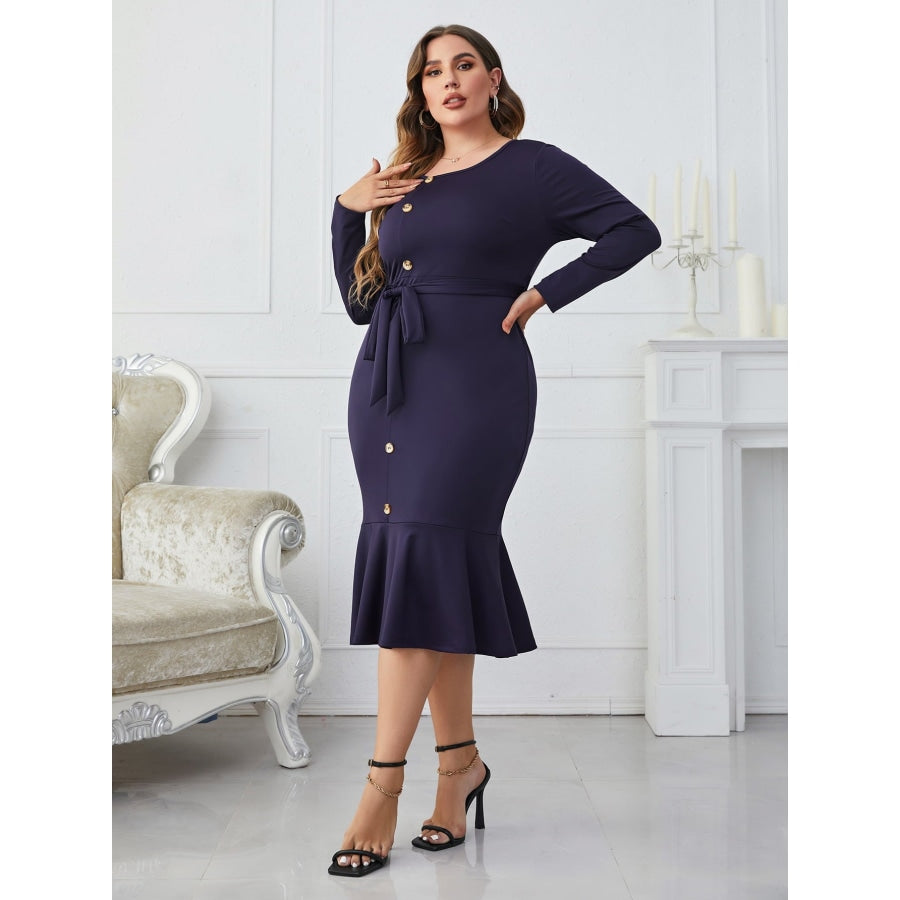 Plus Size Buttoned Round Neck Tie Belt Midi Dress