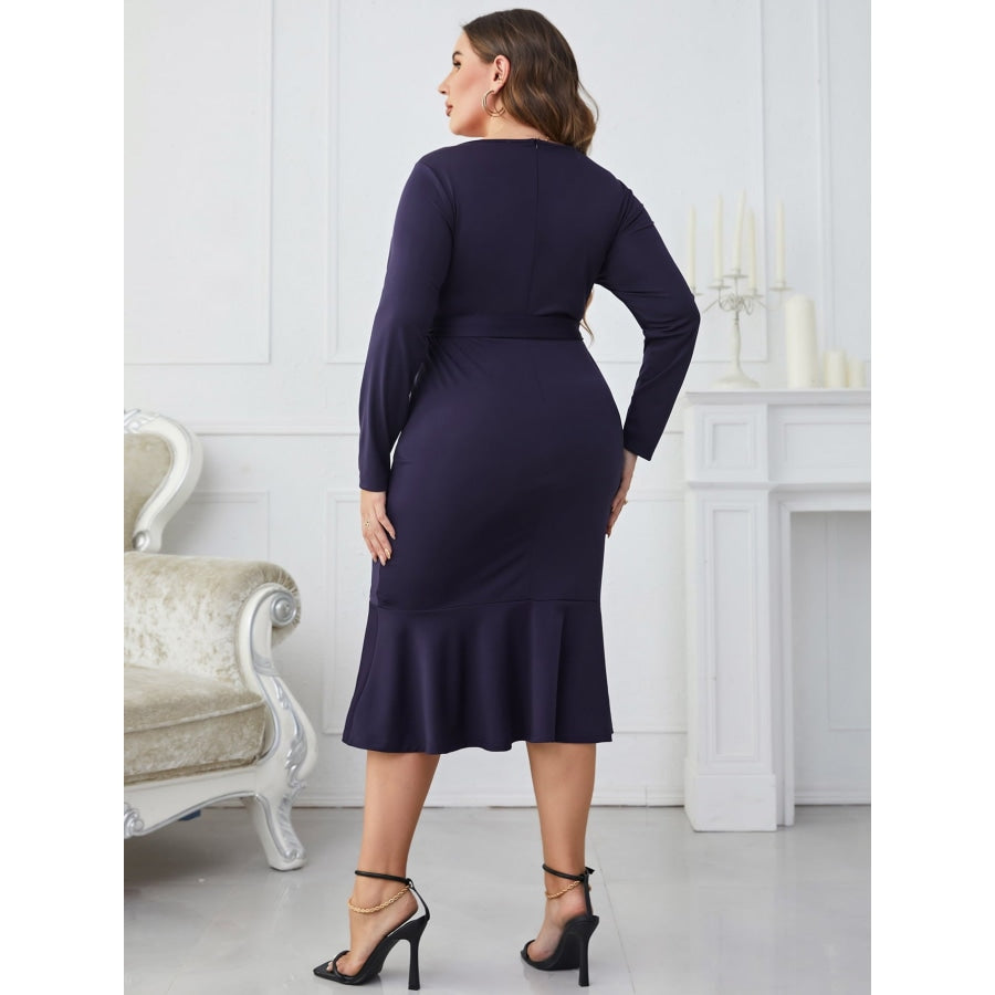 Plus Size Buttoned Round Neck Tie Belt Midi Dress