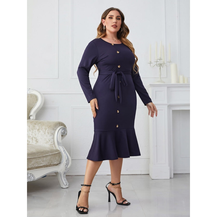 Plus Size Buttoned Round Neck Tie Belt Midi Dress