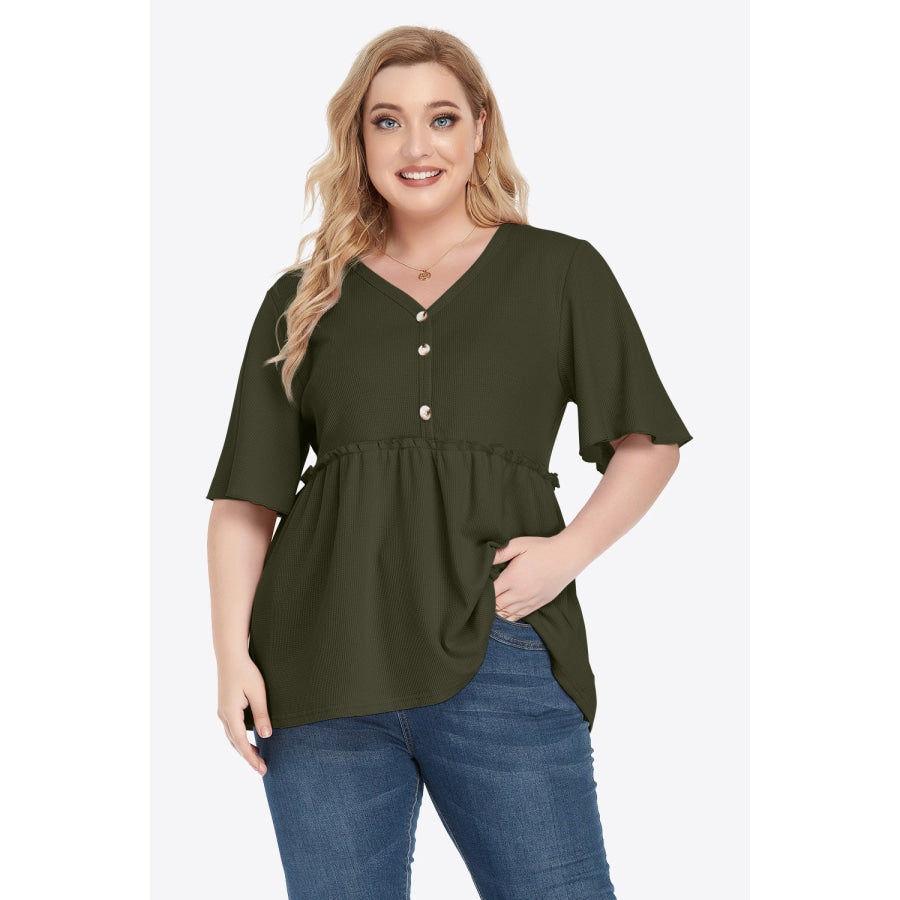 Plus Size Buttoned V-Neck Frill Trim Babydoll Blouse Army Green / L