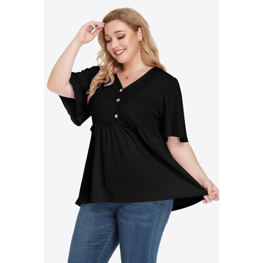 Plus Size Buttoned V-Neck Frill Trim Babydoll Blouse Black / L