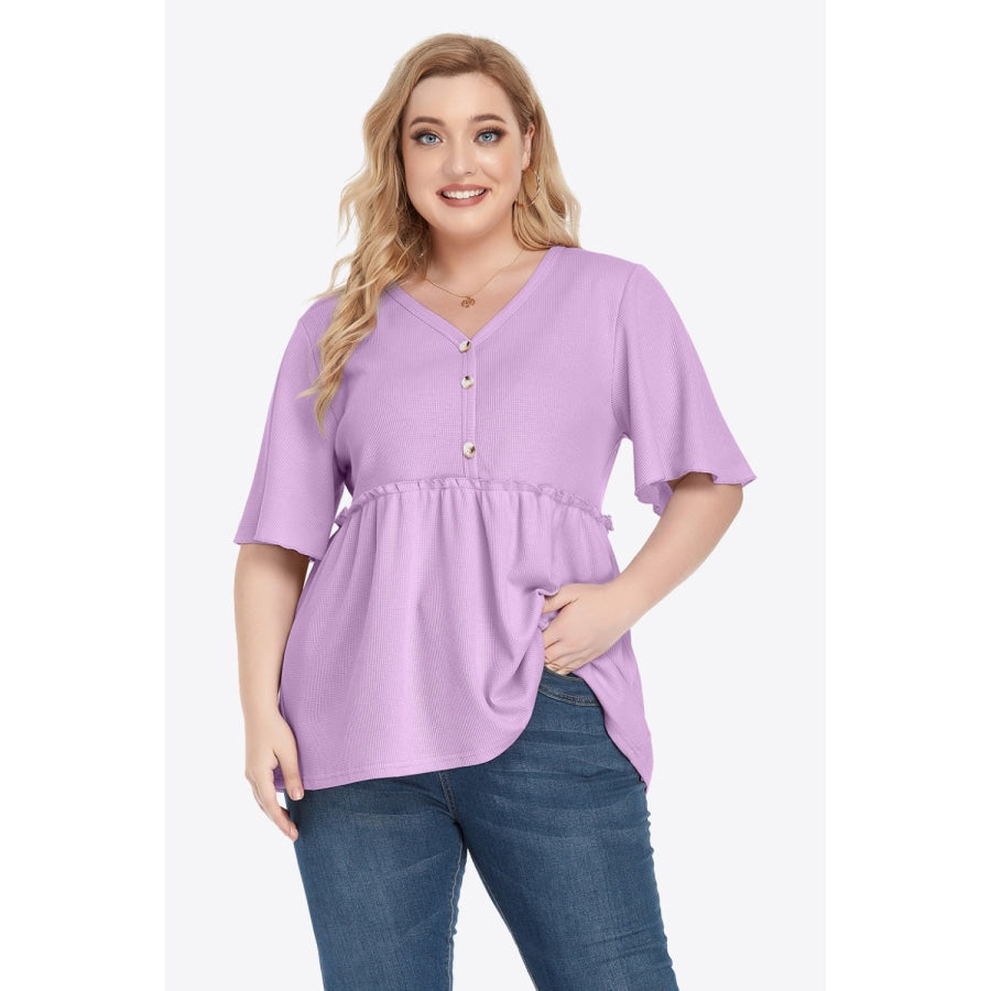 Plus Size Buttoned V-Neck Frill Trim Babydoll Blouse Lavender / L