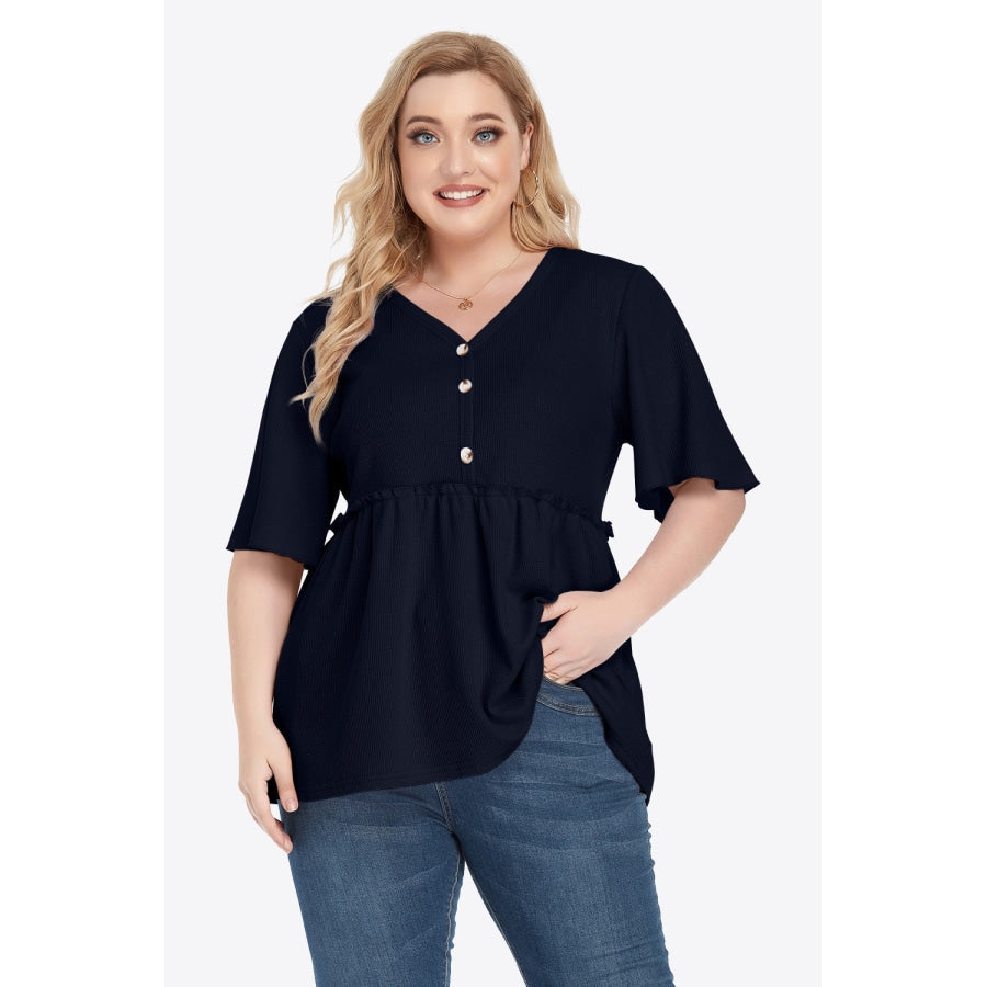 Plus Size Buttoned V-Neck Frill Trim Babydoll Blouse Navy / L