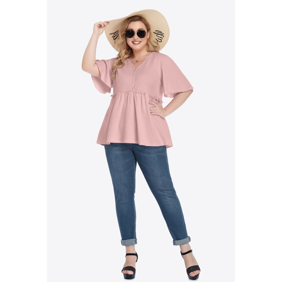 Plus Size Buttoned V-Neck Frill Trim Babydoll Blouse