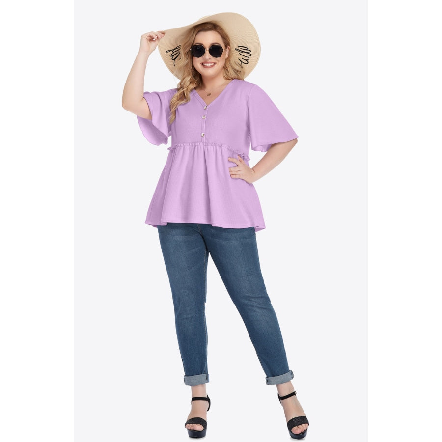 Plus Size Buttoned V-Neck Frill Trim Babydoll Blouse