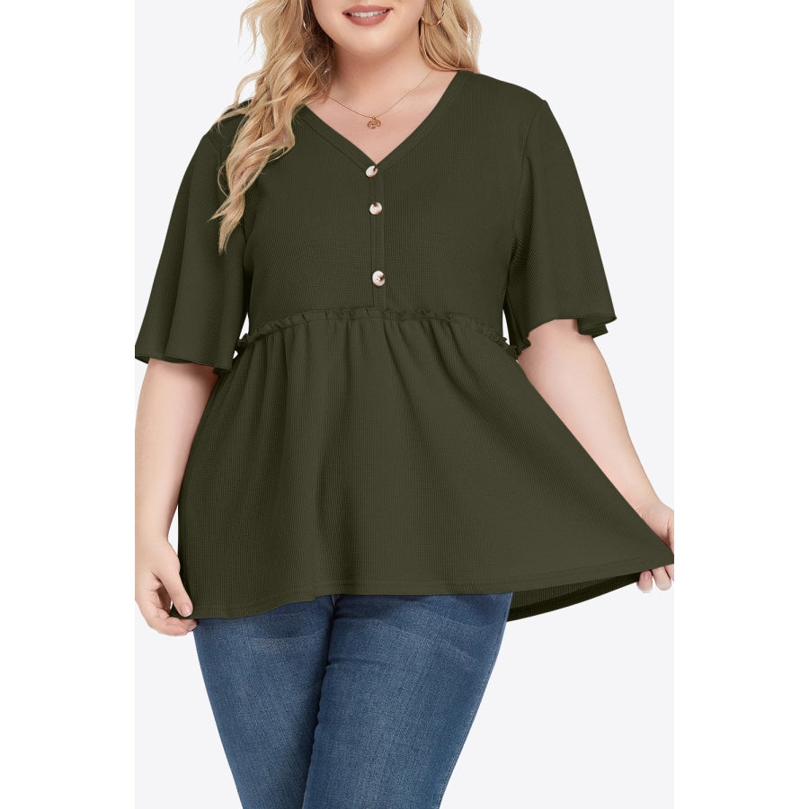 Plus Size Buttoned V-Neck Frill Trim Babydoll Blouse