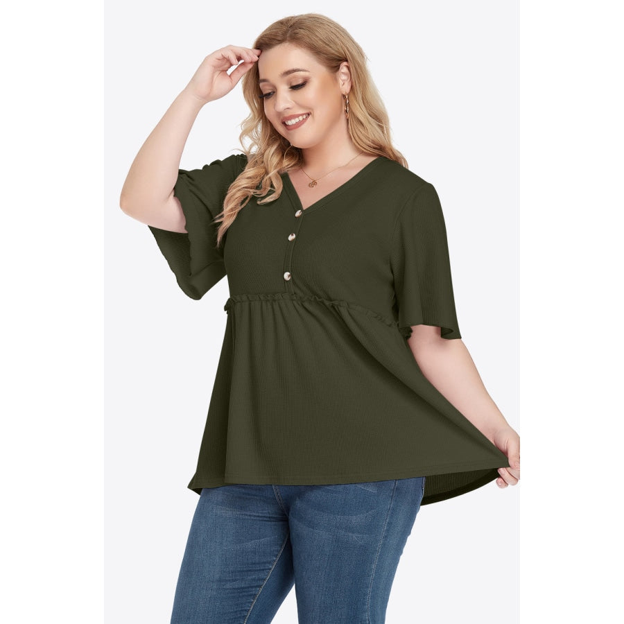 Plus Size Buttoned V-Neck Frill Trim Babydoll Blouse