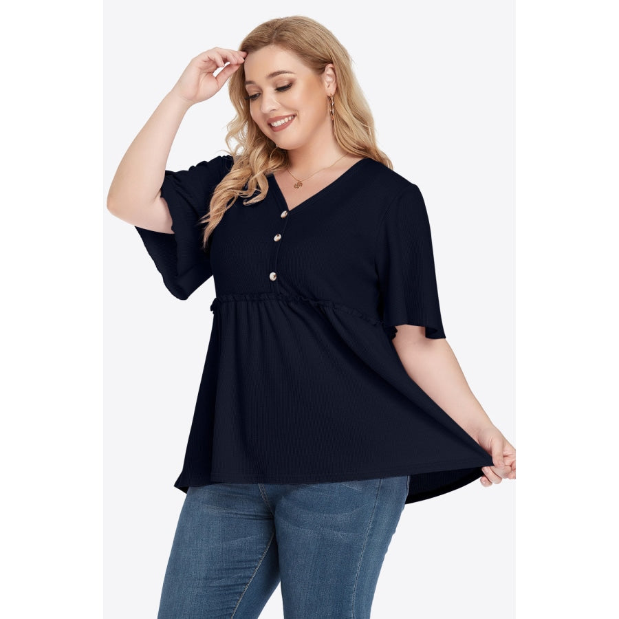 Plus Size Buttoned V-Neck Frill Trim Babydoll Blouse