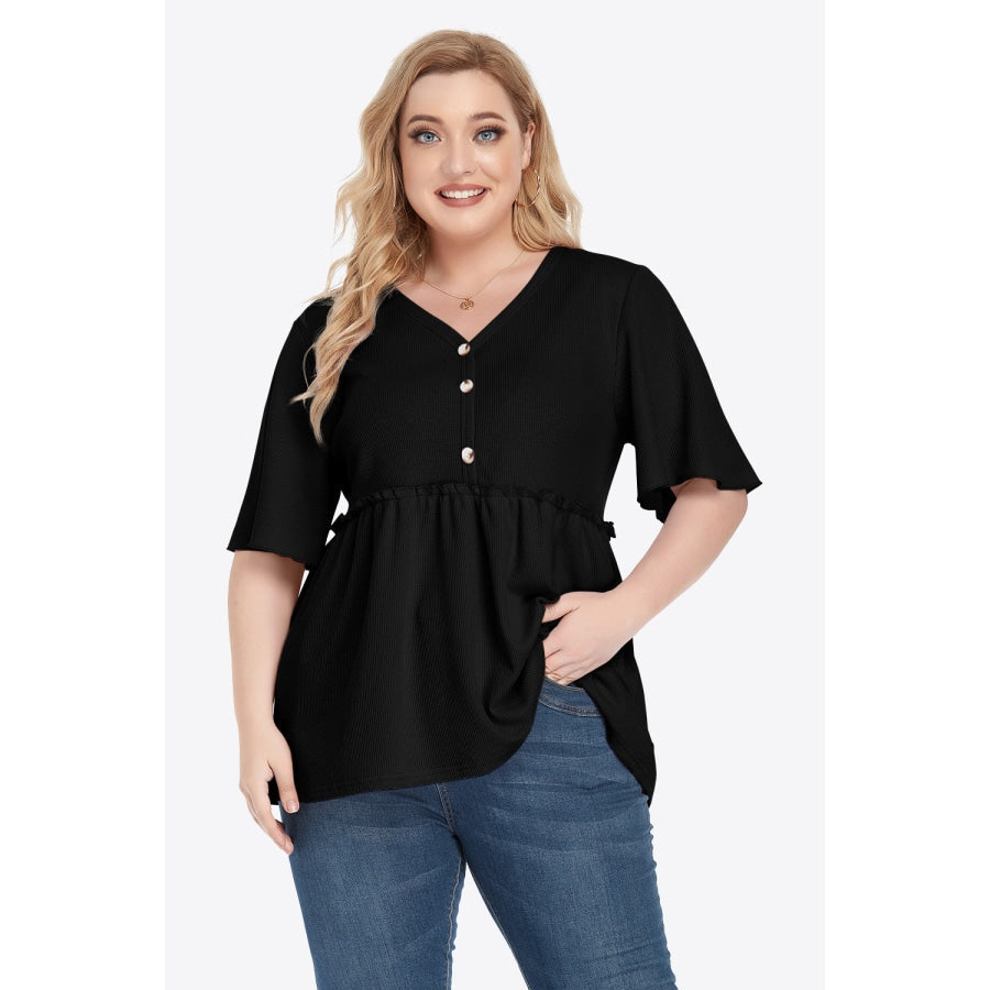 Plus Size Buttoned V-Neck Frill Trim Babydoll Blouse