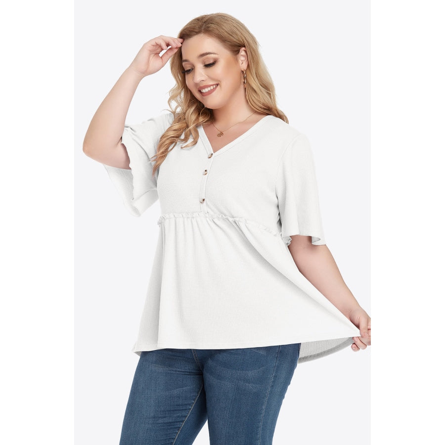 Plus Size Buttoned V-Neck Frill Trim Babydoll Blouse