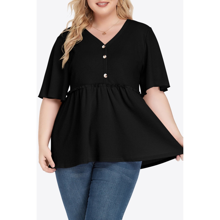 Plus Size Buttoned V-Neck Frill Trim Babydoll Blouse