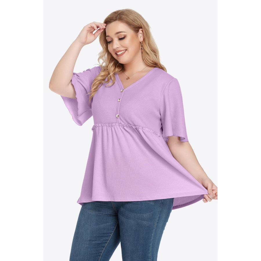 Plus Size Buttoned V-Neck Frill Trim Babydoll Blouse