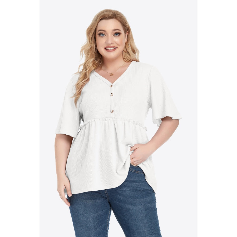 Plus Size Buttoned V-Neck Frill Trim Babydoll Blouse