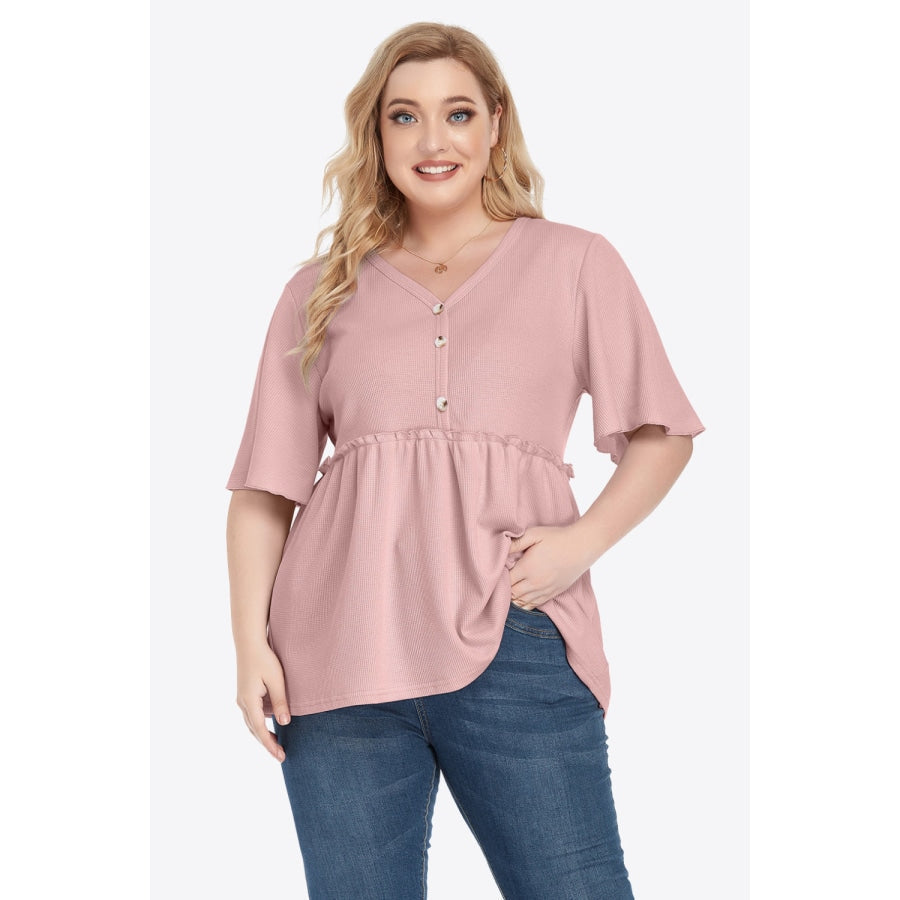 Plus Size Buttoned V-Neck Frill Trim Babydoll Blouse