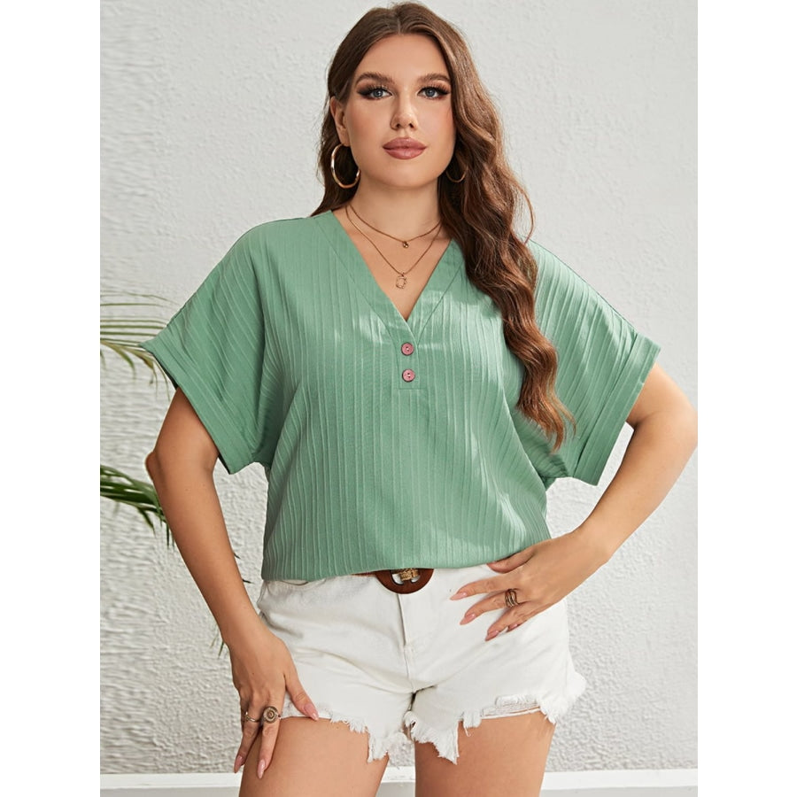 Plus Size Buttoned V-Neck Short Sleeve Top Gum Leaf / 1XL