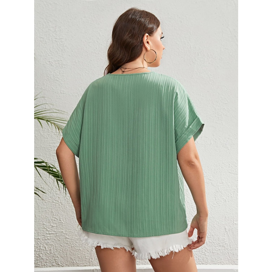 Plus Size Buttoned V-Neck Short Sleeve Top