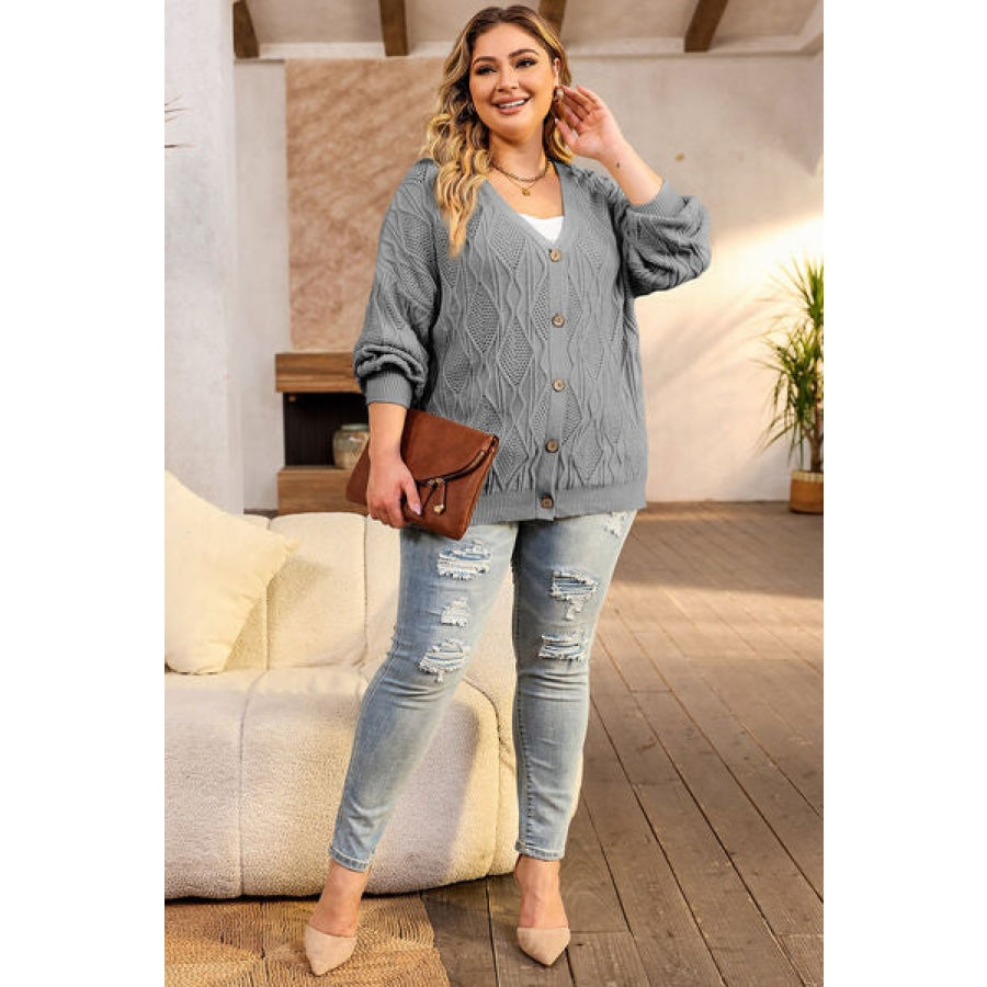 Plus Size Cable-Knit Button Up Sweater Clothing