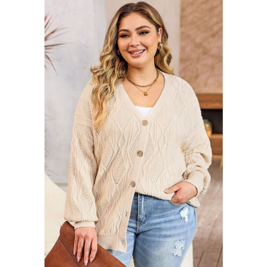 Plus Size Cable-Knit Button Up Sweater Ivory / 1XL Clothing